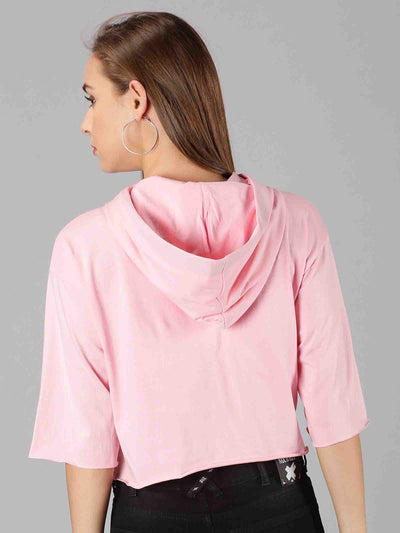 Women Pink Solid Hooded Crop Top