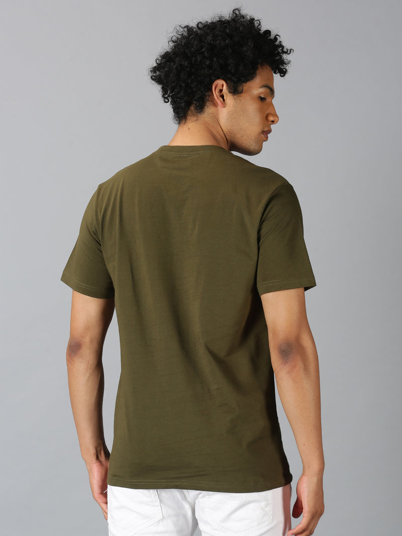 Men Dark Olive Printed Round Neck T-Shirt
