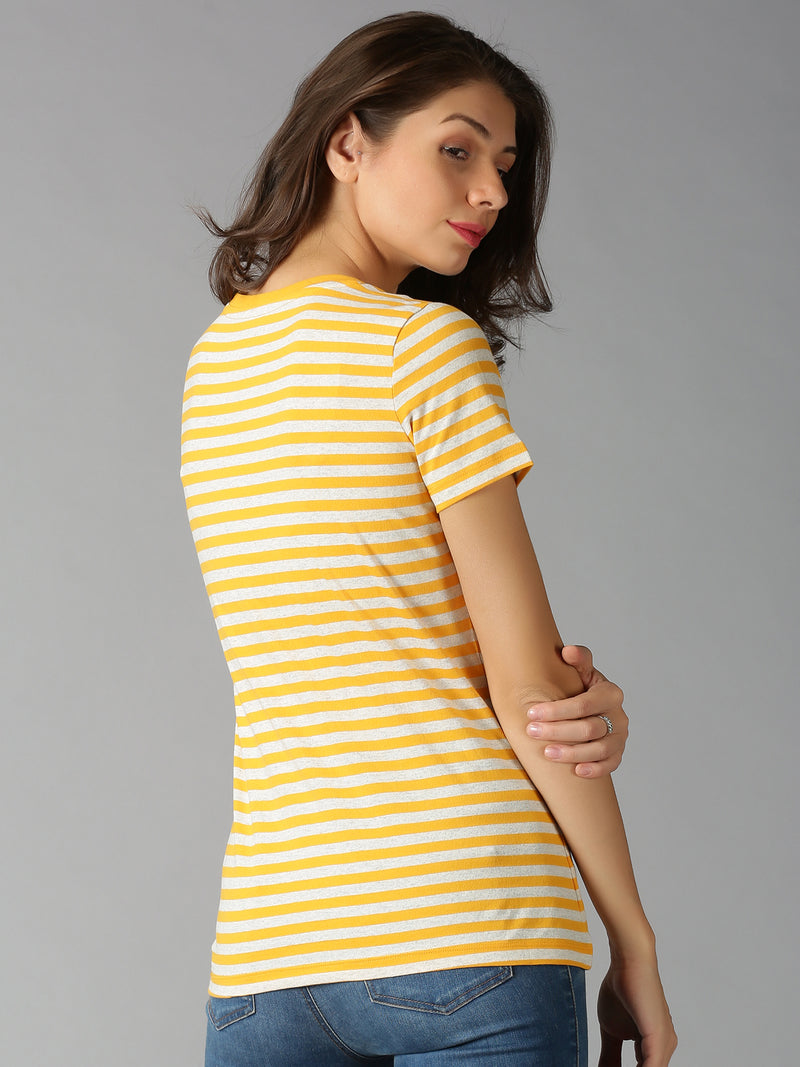 Women Yellow Striped V-Neck T-Shirt