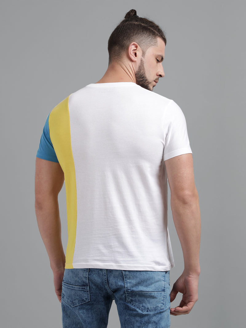 Men Casual White ColorBlock Round Neck T-Shirt
