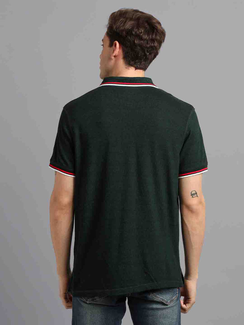 Men Green Solid Polo Neck Casual T-Shirt