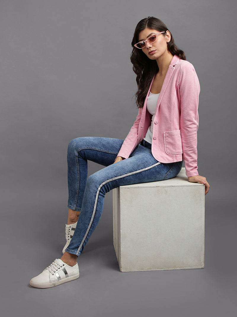 Women Pink Solid Single Breasted Blazer