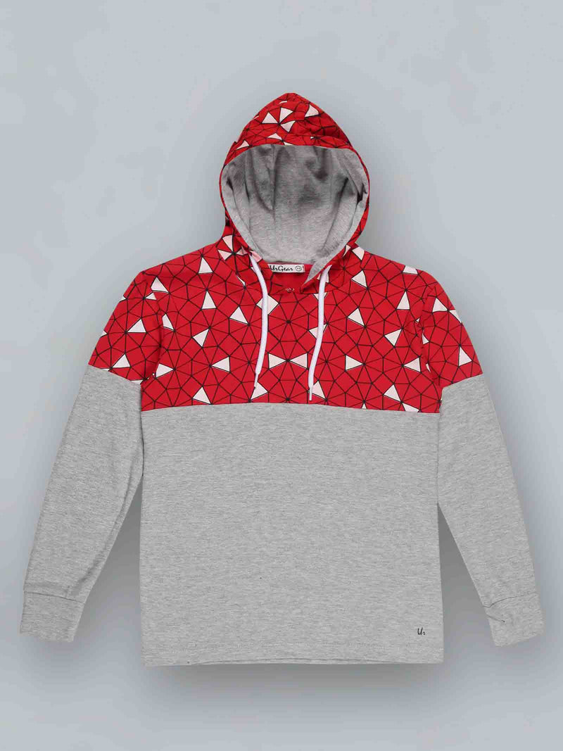 Kids Red & Grey Printed Cotton Hooded T-shirt