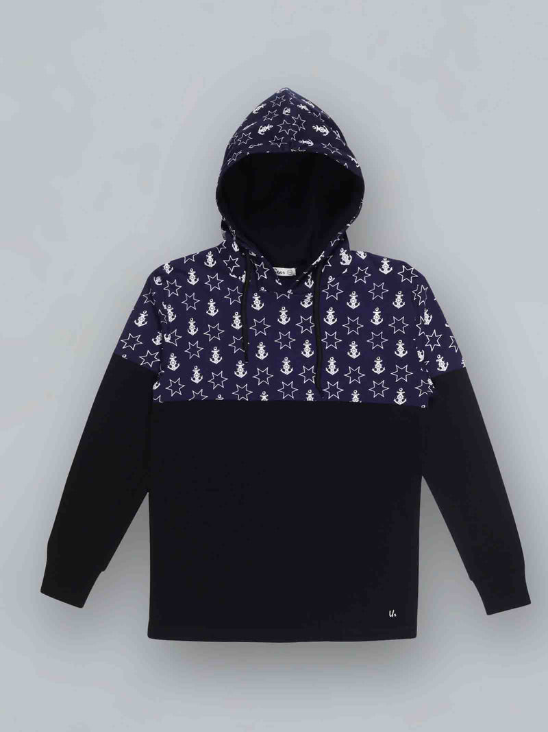 Kids Navy Blue Printed Casual Hooded T-Shirt