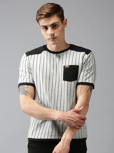 Men Grey Striped Round Neck T-Shirt