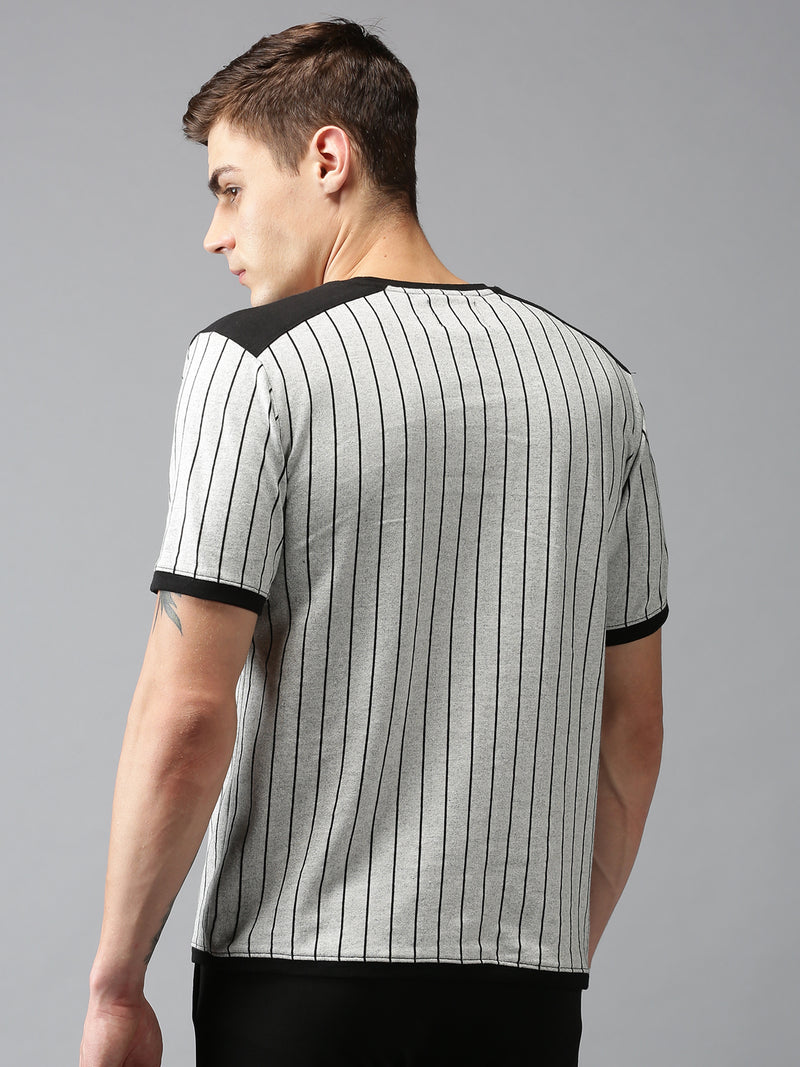 Men Grey Striped Round Neck T-Shirt