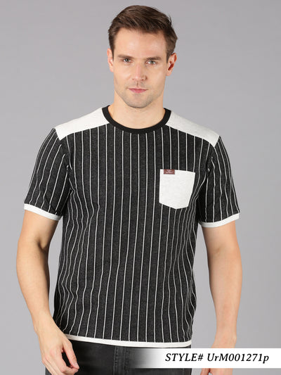Men Black Stripes Round Neck T-Shirt