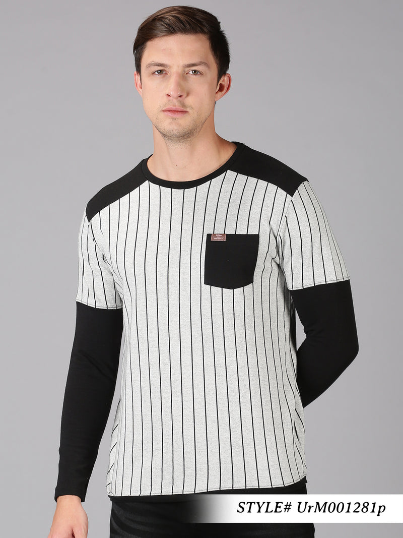 Men Grey Stripes Round Neck T-Shirt