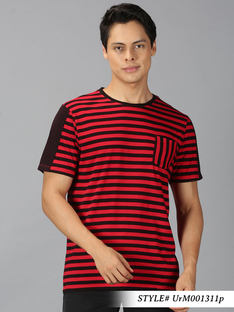 Men Red Stripes Round Neck T-Shirt