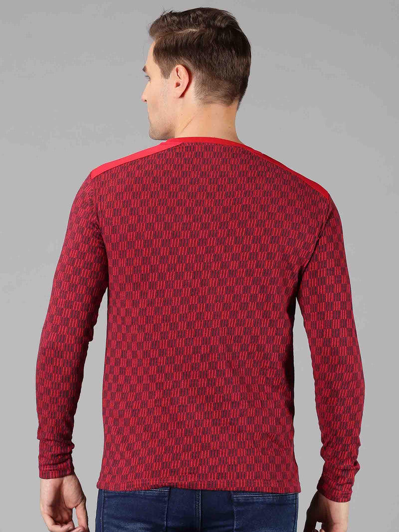 Men Red Self Design Round Neck T-Shirt