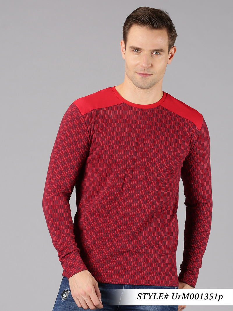 Men Red Self Design Round Neck T-Shirt