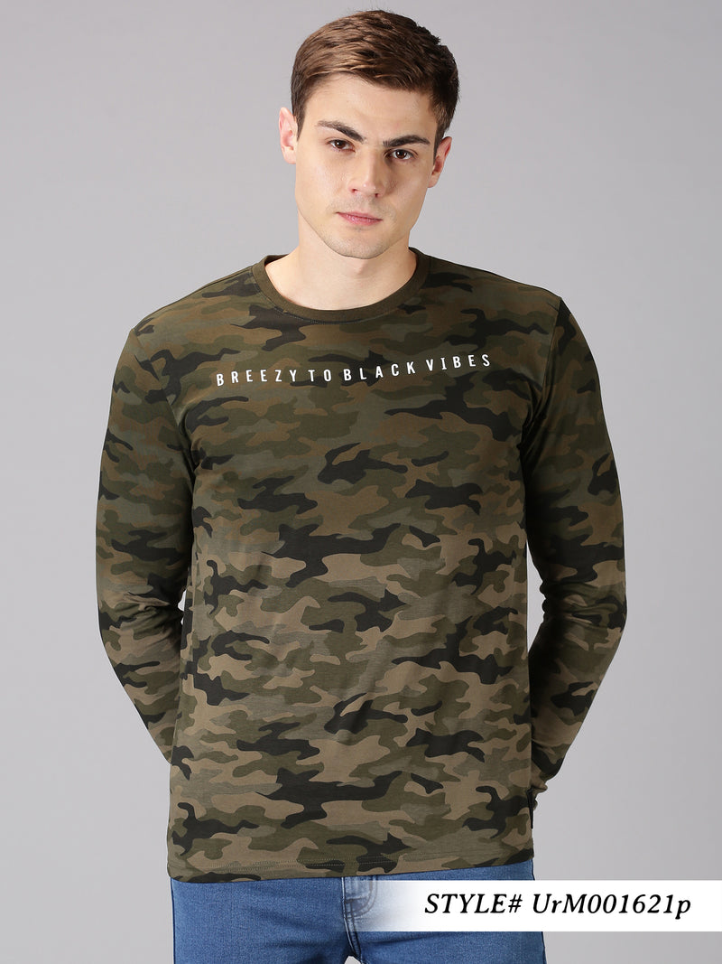 Men Green Cameo Printed Round Neck Casual T-Shirt