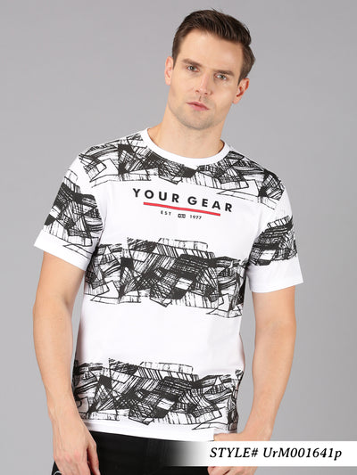 Men Black & White Printed Round Neck T-Shirt