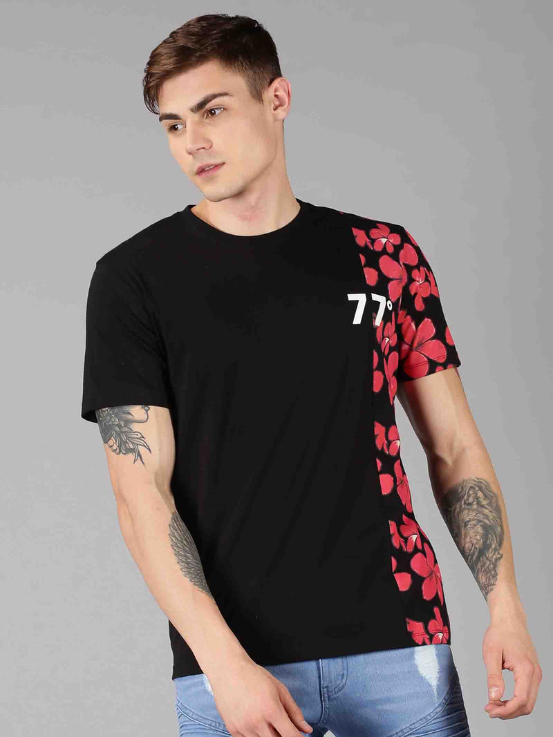 Men Black Floral Printed Round Neck T-Shirt