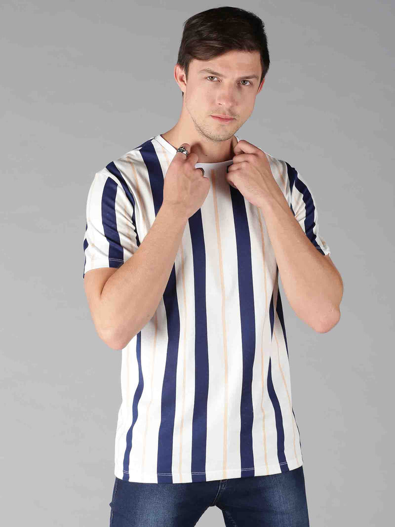 Men Blue Stripes Round Neck T-Shirt