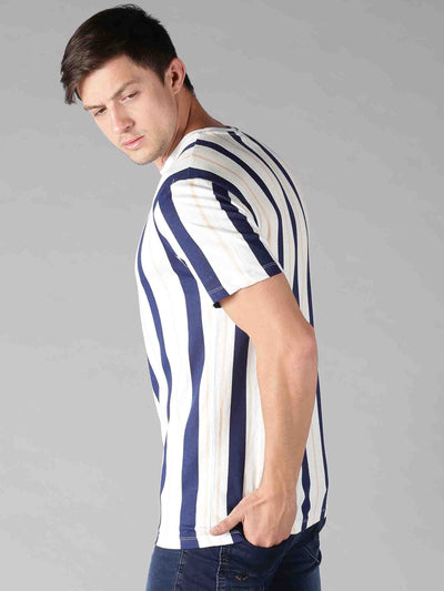 Men Blue Stripes Round Neck T-Shirt