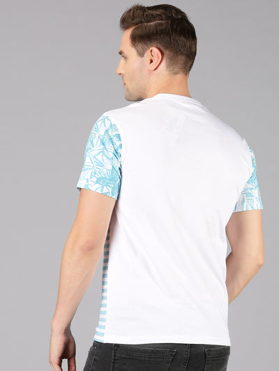 Men White & Lite Blue Printed Round Neck T-Shirt