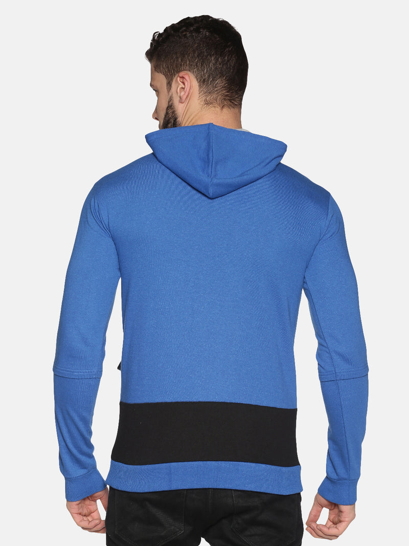 Men Blue Color Block Hooded Neck Sweatshirt