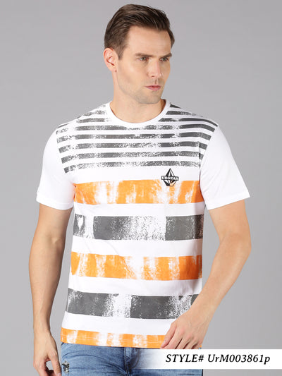 Men White Striped Casual Round Neck T-Shirt