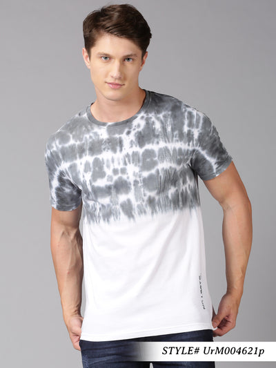 Men Grey & White Tie Dye Round Neck T-Shirt