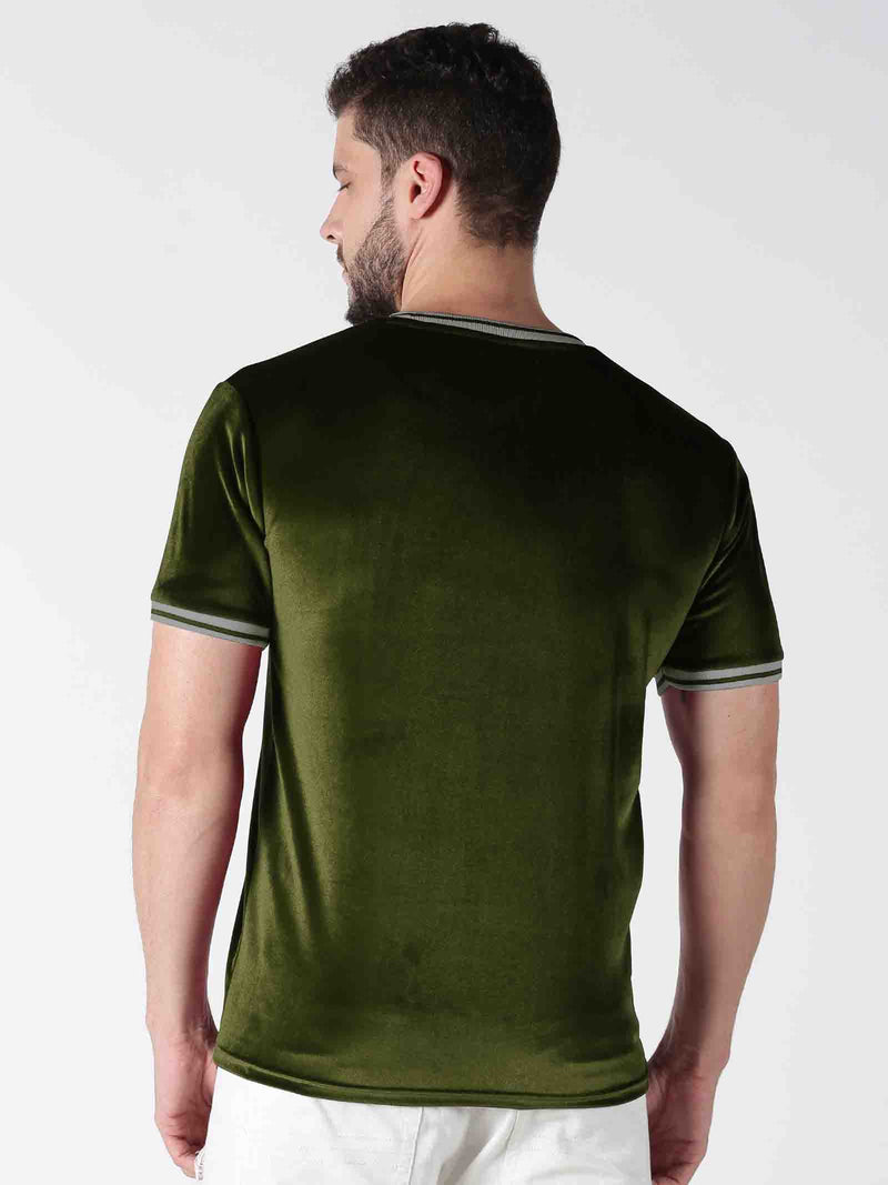 Men Solid Green Round Neck Casual Velvet T-Shirt