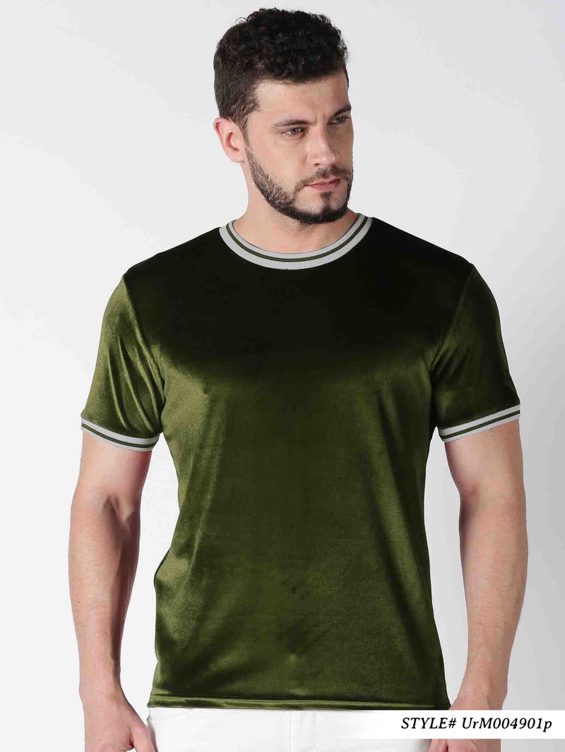 Men Solid Green Round Neck Casual Velvet T-Shirt