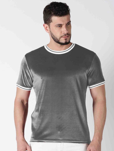 Men Grey Solid Round Neck Velvet T-Shirt