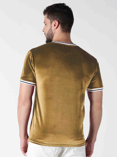Men Brown Solid Casual Velvet T-Shirt