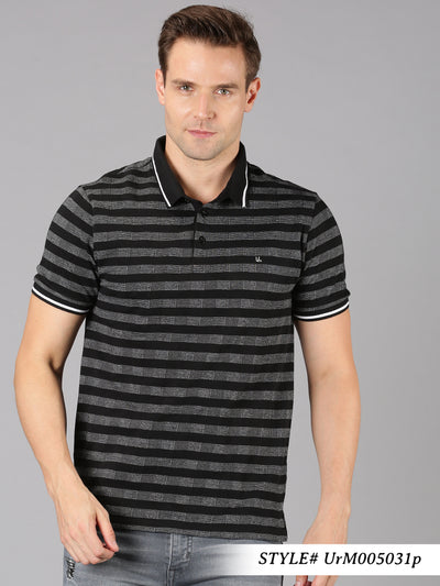 Men Black Striped Polo Neck T-Shirt