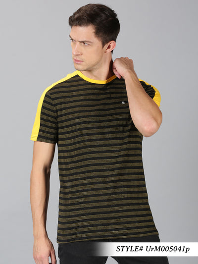 Men Navy Blue & Yellow Striped Round Neck T-Shirt
