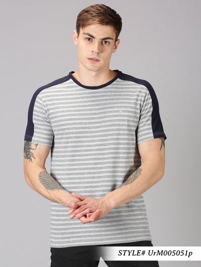 Men Grey Striped  Round Neck T-Shirt