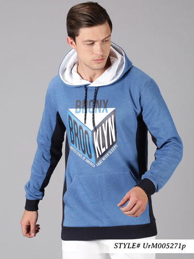 Men Blue Printed Hooded Neck Sweatshirt