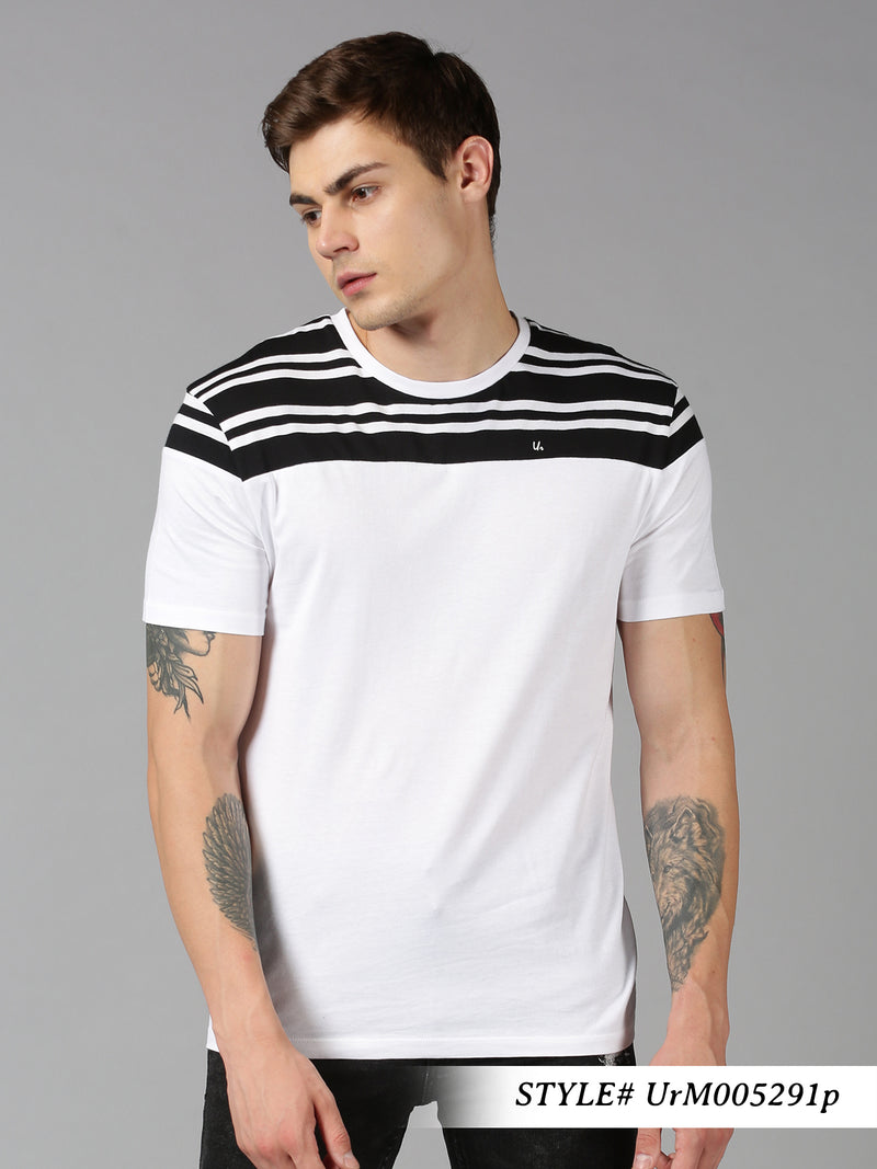 Men White Striped Round Neck T-Shirt