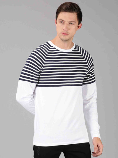 Men White Stripes Round Neck T-Shirt