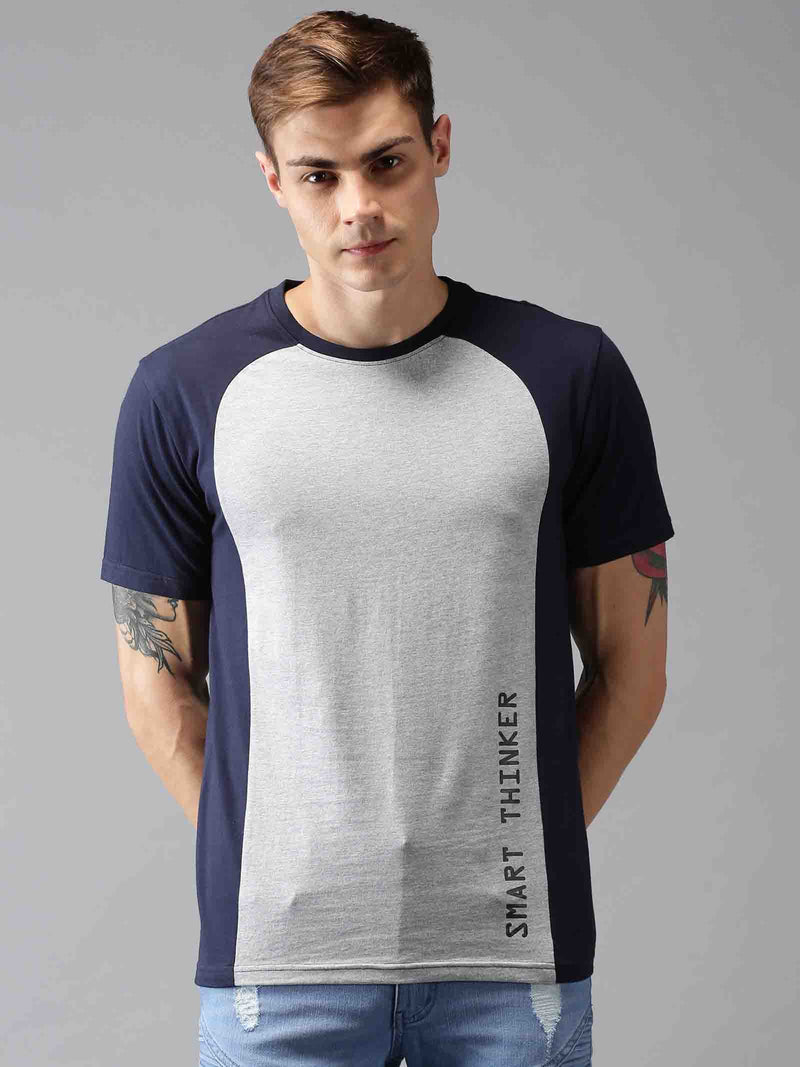 Men Navy & Grey ColorBlock Round Neck T-Shirt