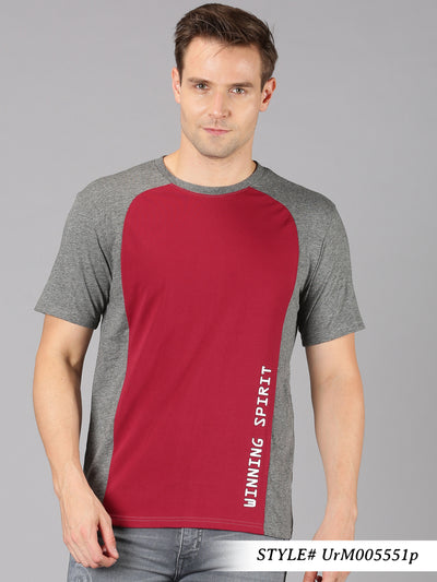 Men Grey Melange & Maroon ColorBlock Round Neck T-Shirt