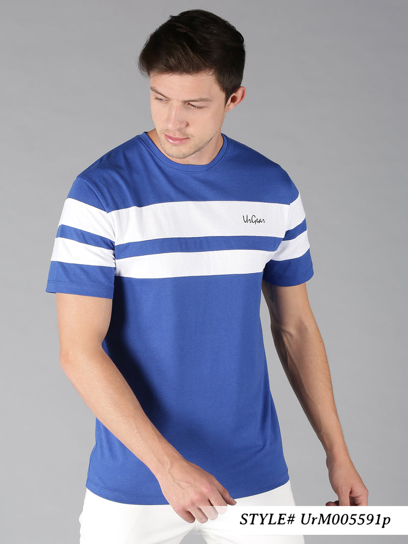 Men Blue & White Broad Stripes Round Neck T-Shirt