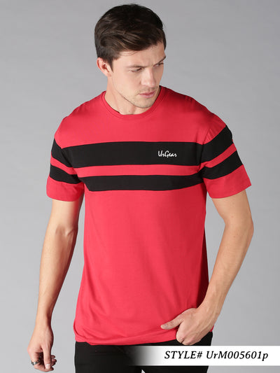 Men Red & Black Broad Stripes Round Neck T-Shirt