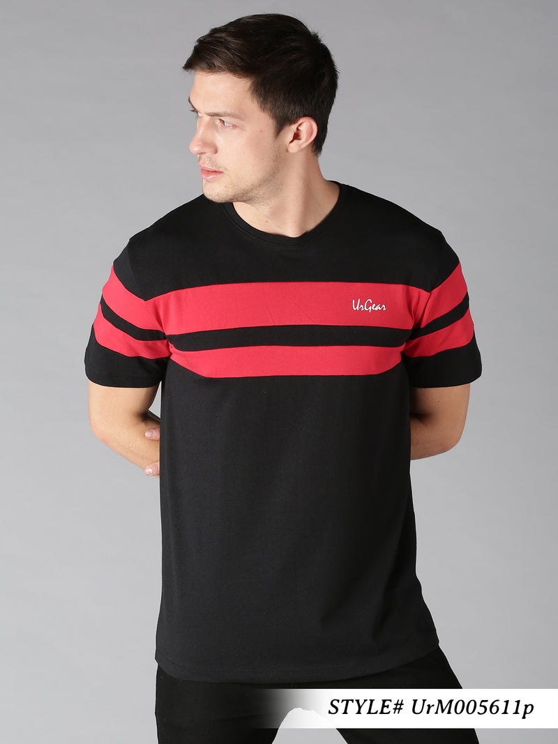 Men Black & Red Broad Stripes Round Neck T-Shirt