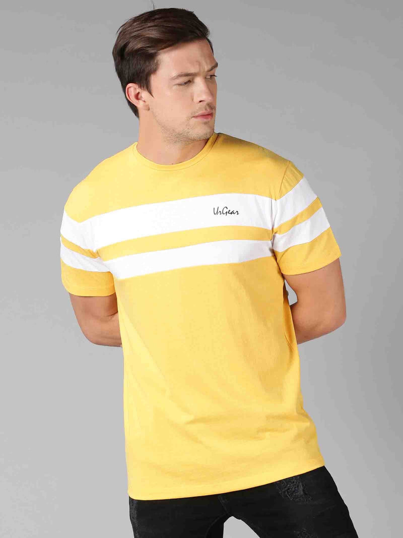 Men Yellow & White Broad Stripes Round Neck T-Shirt