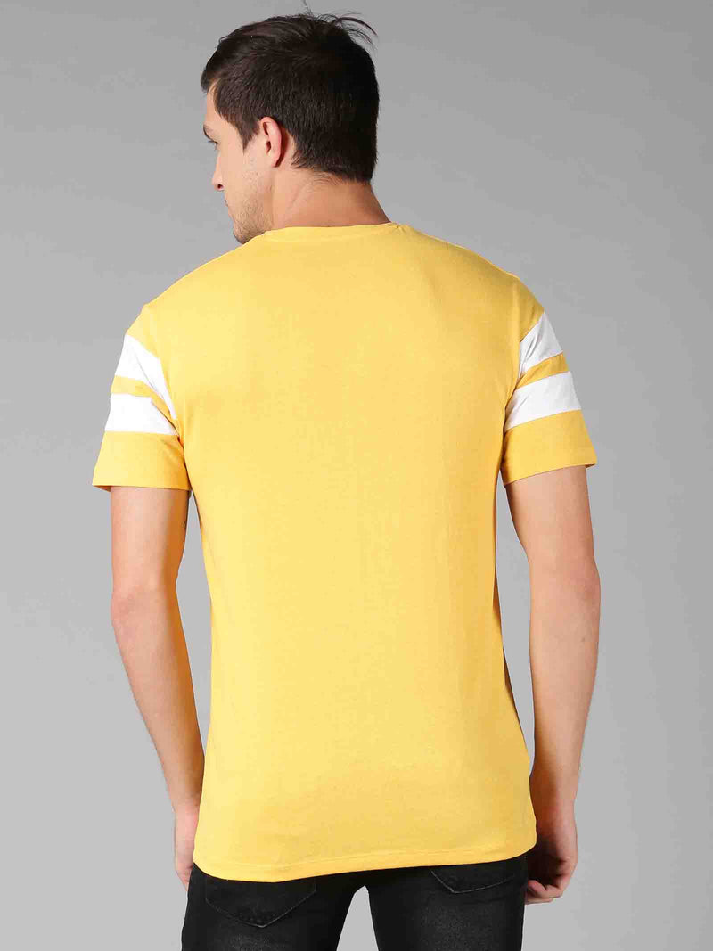 Men Yellow & White Broad Stripes Round Neck T-Shirt