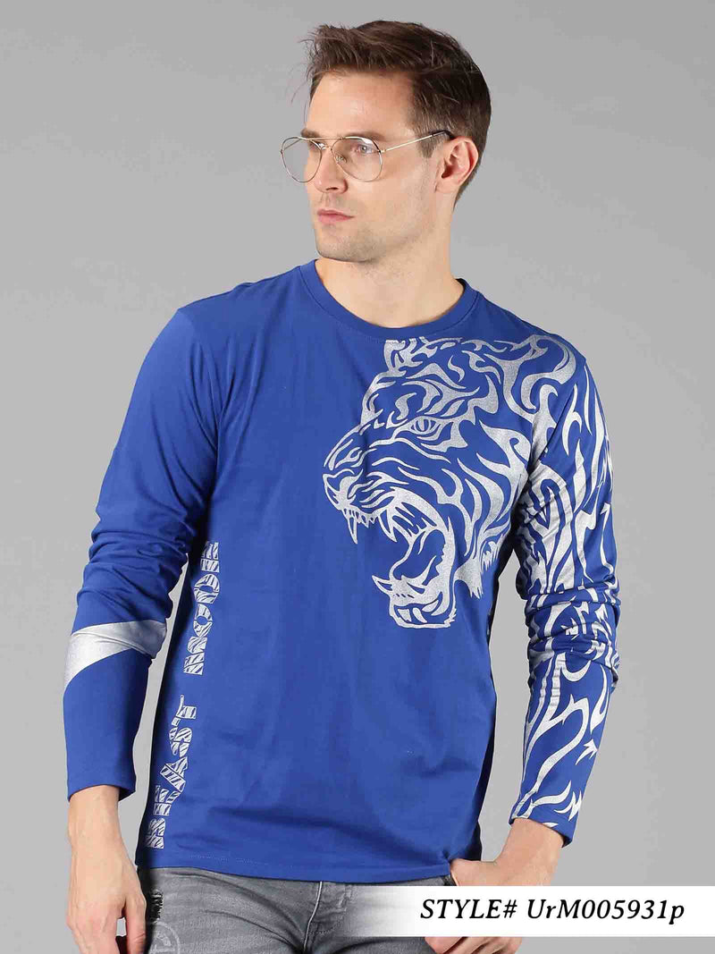 Men Dark Blue Animal Printed Round Neck T-Shirt