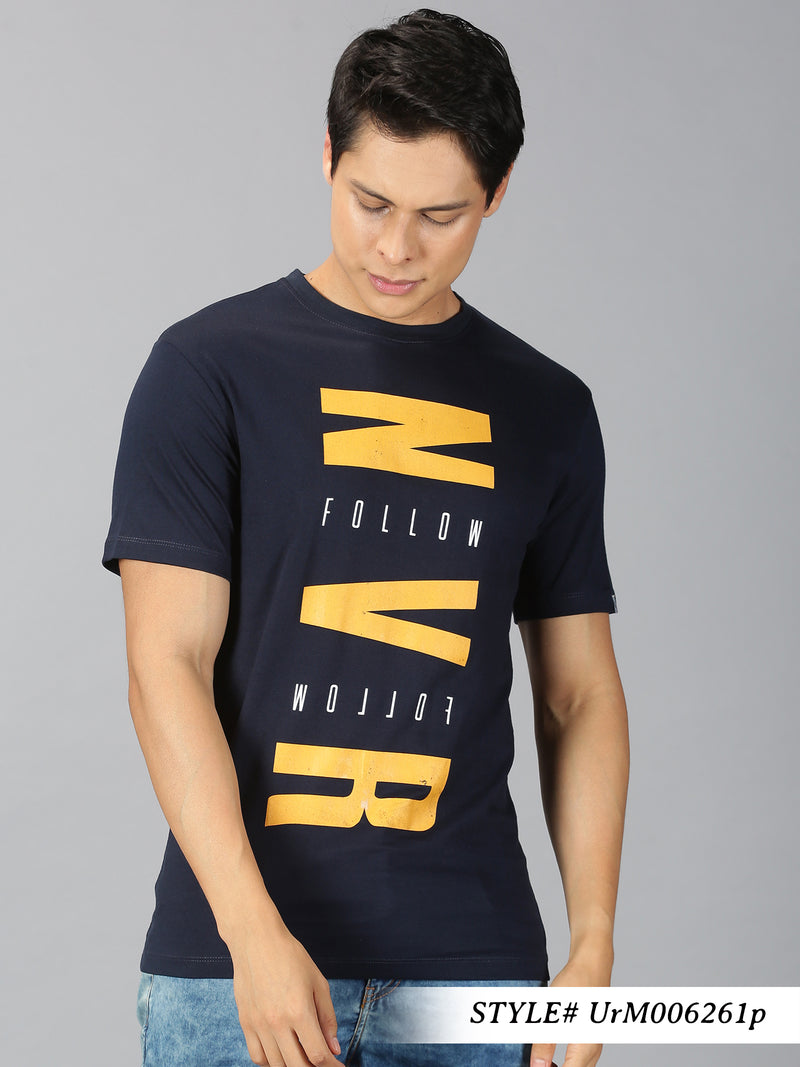 Men Navy Blue Typographic Round Neck T-Shirt