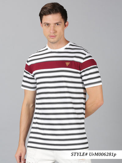 Men White Striped Round Neck T-Shirt