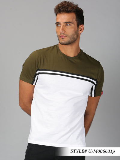 Men Green & White ColorBlock Round Neck T-Shirt