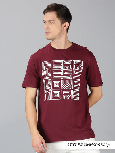 Men Burgundy Printed Round Neck T-Shirt