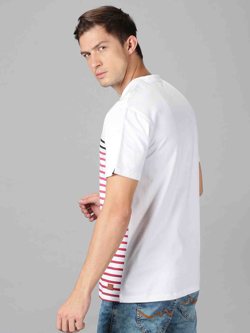 Men White & Pink Stripes Round Neck T-Shirt