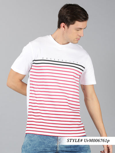 Men White & Pink Stripes Round Neck T-Shirt