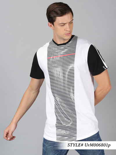 Men Black & White Striped Round Neck T-Shirt