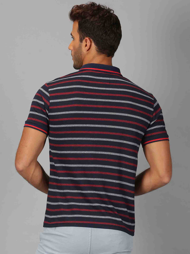 Men Navy Blue Striped Polo Neck T-Shirt